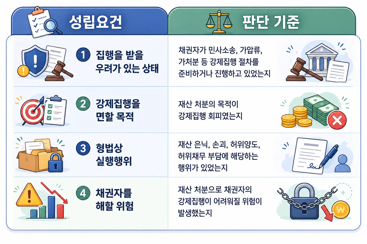 강제집행면탈 혐의의 성립요건과 판단 기준