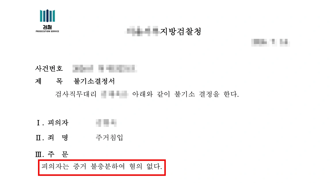 주거침입처벌 방어 결과, 혐의없음 불기소 처분