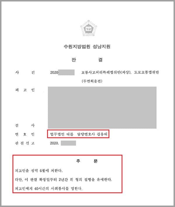 의뢰인은 자동차운전면허 없이 업무용 승용차를 운전하여 도로를 주행하던 중 전방주시를 제대로 하지 않은 상황에서 전방에서 신호대기 중이던 피해자의 차량을 충격하여 운전자에게 3주간 치료를 요하는 상해를, 동승자에게 치료 일수 미상의 상해를 입혔는데요. 이에 따라 교통사고처리특례법위반(치상), 도로교통법위반(무면허운전)혐의로 기소되어 재판을 받게 되었습니다. 의뢰인의 경우 약 3년 전 음주운전으로 면허가 취소된 상황에서 무면허운전으로 처벌받은 전력이 있었기에 급히 법무법인 대륜의 형사전문변호사를 찾았습니다.