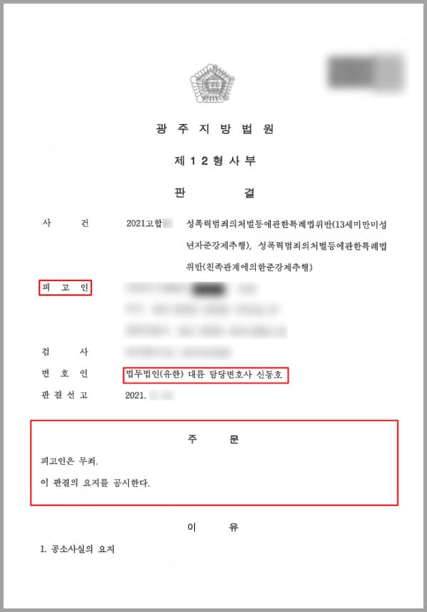 의뢰인은 A의 친부이고,  A(13세미만)는 지적장애인입니다.의뢰인은 새벽경 집으로 귀가하여 방안으로 들어가 잠을 자고 있던 A의 옆에 누워 옷 위로 딸 A의 신체를 만져 친족관계에 있는 13세 미만의 미성년자인 피해자의 항거불능 상태를 이용하여 A를 추행한 혐의를 받게 됩니다. 이러한 혐의를 받고 자신의 무고를 도와달라며 저희 법무법인 대륜의 형사전문변호사에게 도움을 요청하셨습니다.