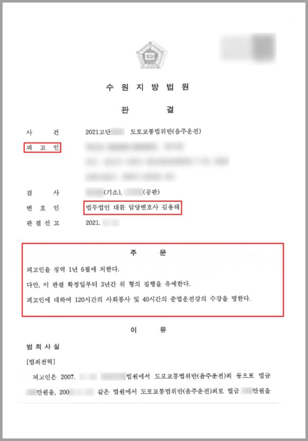 의뢰인은 도로교통법 위반(음주운전) 죄 등으로 벌금형 2회를 산고 받은 전력이 있습니다. 사건 당시 의뢰인은 혈중알코올 농도 0.276%의 술에 취한 상태로 자신의 승용차를 운전하였는데요.이로써 의뢰인은 도로교통법 제44조 제1항을 위반한 전력이 있는 사람으로서 재차 수레 취한 상태로 자동차를 운전하였습니다. 의뢰인의 자신의 잘못된 판단과 실수로 인하여 실형을 받을 위기에 놓여 있다는 사실을 알고, 저희 법무법인 대륜이 음주운전전문, 형사전문변호사를 찾아와 양형을 받을 수 있도록 도움을 요청하셨습니다.