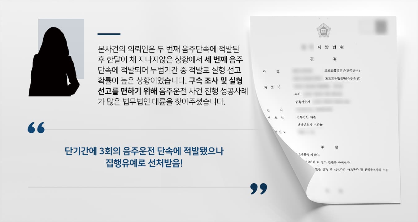 본 사건의 의뢰인은 두 번째 음주단속에 적발될 당시 사귀던 연인으로부터 조심성이 없는 모습에 실망했다며 이별을 통보받았습니다.의뢰인은 수차례 연인의 마음을 돌리기 위해 자주 메시지를 보내고 연인의 집 근처에서 하염없이 기다리다 새벽이 되면 귀가하였습니다.세 번째 음주단속에 적발된 날도 속상한 마음에 술을 마신 후 연인의 집 근처로 갔고, 오랜 기다림 끝에 새벽이 되어 귀가하기 대리운전 서비스를 신청하려 했으나 때마침 휴대전화가 방전되어 서비스를 신청할 수 없었습니다.춥고 피곤한 상황에서 서둘러 집에 돌아가고 싶었던 의뢰인은 '술을 적게 마셨고, 몇 시간째 바람을 쐬었으니 이제는 운전대를 잡아도 좋을 것 같다'라는 생각이 들어 단기간에 같은 실수를 반복하였습니다.몇 주 사이에 또다시 음주단속에 적발되어 구속될지도 모른다는 생각이 들었던 의뢰인은 첫 조사부터 동행하길 원한다며 음주운전 사건 성공사례가 많은 법무법인 대륜을 찾아주셨다고 합니다.
