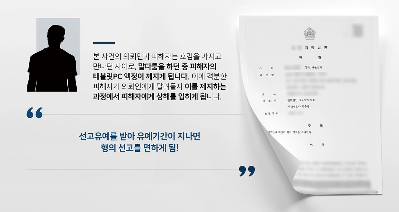 본 사건의 의뢰인(피고인)과 피해자는 호감을 가지고 만나던 사이로, 사건 당일에는 술집에서 우연히 만나 합석하게 됩니다.대화를 이어나가던 중 피해자가 다른 남성과 메시지를 주고 받는 것을 보고 “누구냐”라고 물었고, 이에 피해자가 “친한 회사 동기다”라고 답한 것을 빌미로 시비가 붙게 됩니다.말다툼을 하던 중 테이블 위에 있던 피해자의 태블릿PC가 바닥으로 떨어져 액정이 깨졌고, 격분한 피해자가 의뢰인에게 달려들자 이를 제지하는 과정에서 머리채를 붙잡고 폭행하였습니다.의뢰인은 자신의 잘못을 인정하고 피해자에게 사과의 뜻을 전했으나, 합의가 원만하게 이뤄지지 않아 법무법인 대륜을 찾아주셨습니다.