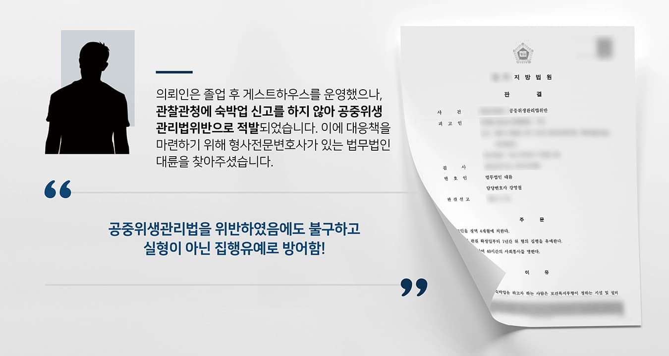 본 사건의 의뢰인(피고인)은 졸업 후 취업이 되지 않아 고민하던 중 주택을 임차한 후 게스트하우스를 운영하게 됩니다. 의뢰인은 인스타그램, 블로그 등을 활용해 홍보하였고, 인터넷 사이트를 통하여 예약을 받았습니다. 그러나 코로나19 영향으로 장사가 잘 되지 않아 재정적인 어려움에 부닥쳤으며, 숙박업을 운영하는 경우 공중위생관리법에 따라 영업장을 신고하여야 함에도, 의뢰인은 관할관청에 숙박업 신고를 하지 않고 게스트하우스를 운영해 공중위생관리법위반으로 적발되었습니다.의뢰인은 공중위생영업자로 적발된 후 깊이 반성하고 있으며, 장래에 부정적인 영향을 미치지 않도록 대응책을 마련하기 위해 법무법인 대륜을 찾아주셨습니다. 