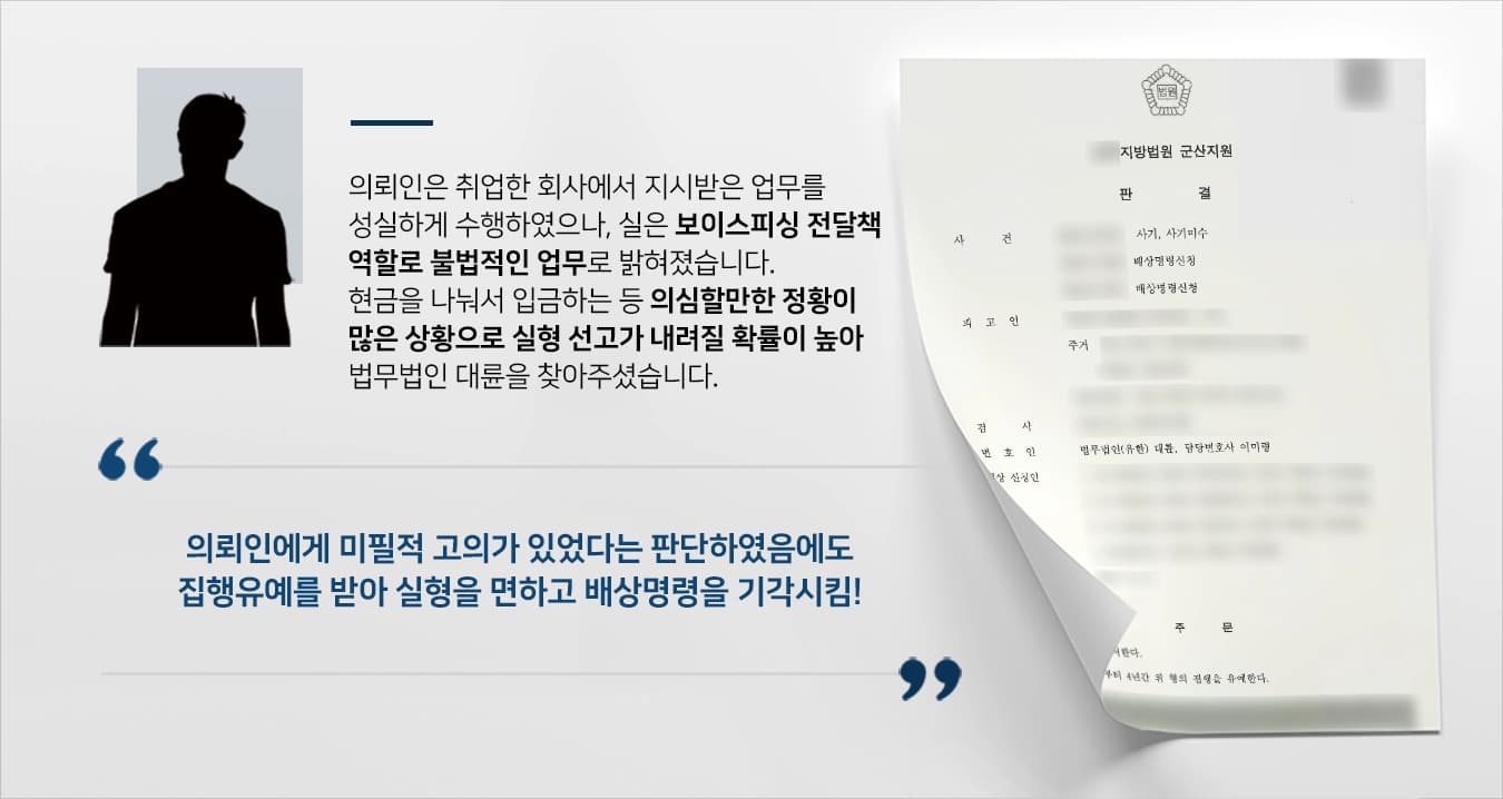 본 사건의 의뢰인은 어느날 보이스피싱 전달책 혐의를 받고 있다는 전화에 실형을 받게 될 수도 있다는 생각이 들어 도움을 받기 위해서 법무법인 대륜을 찾아주셨습니다.본 사건의 경우 회사의 이름도 모르고 일을 수행했다거나 금액을 나누어 입금하는 등 의뢰인이 전달책 업무를 수행하는 과정에서는 자신이 범죄와 관련된 일을 하고 있다고 인식할 만한 요소가 많은 미필적 고의가 인정되기에 실형선고를 면하기 어려운 상황이었습니다.피해금액도 상당히 컸지만, 의뢰인에게 확정적 고의가 없음을 입증하여 가능한 선처를 받을 수 있도록 조력하기로 하였습니다.