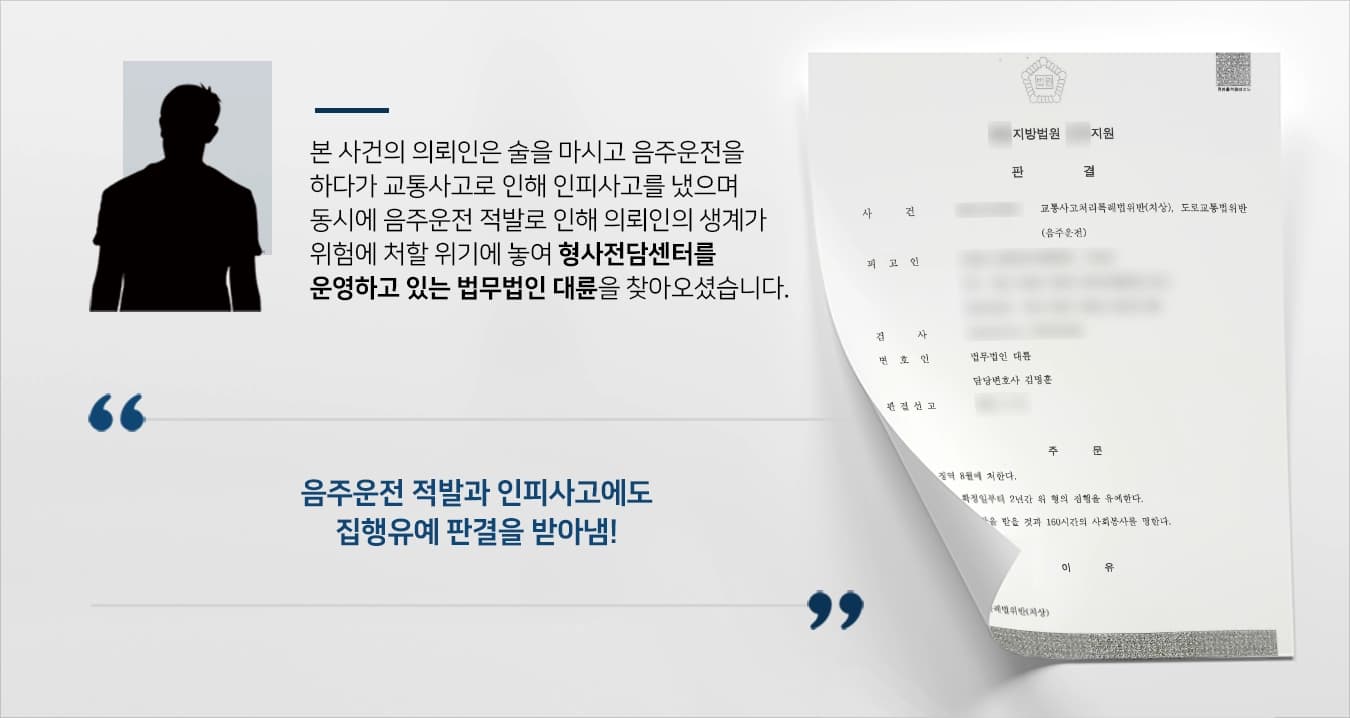 본 사건의 의뢰인은 운전직 종사자로 운전을 업으로 삼으며 생계를 이어 나갔습니다. 하지만, 최근 좋지 못한 상황에 처한 의뢰인을 위로하기 위한 술자리가 갑작스럽게 생겨 의뢰인은 퇴근 후 참석하게 되었습니다.의뢰인이 있는 술집에서 의뢰인 집까지 멀지 않은 거리였기 때문에 이정도면 운전해도 되겠지라는 생각에 운전을 하게 되었습니다.술을 마신 채로 직접 운전대를 잡게 된 의뢰인은 운전을 하던 중 다른 차량과의 교통사고가 발생했고, 사고 후 처리 과정에서 음주운전 적발이 되었습니다.?음주운전과 교통사고로 인한 인피 사고까지 발생하여 처벌를 면하기 어려운 상황에 처한 의뢰인께서는 음주운전전문변호사·형사전문변호사 등이 있는 법무법인 대륜을 찾아주셨습니다.