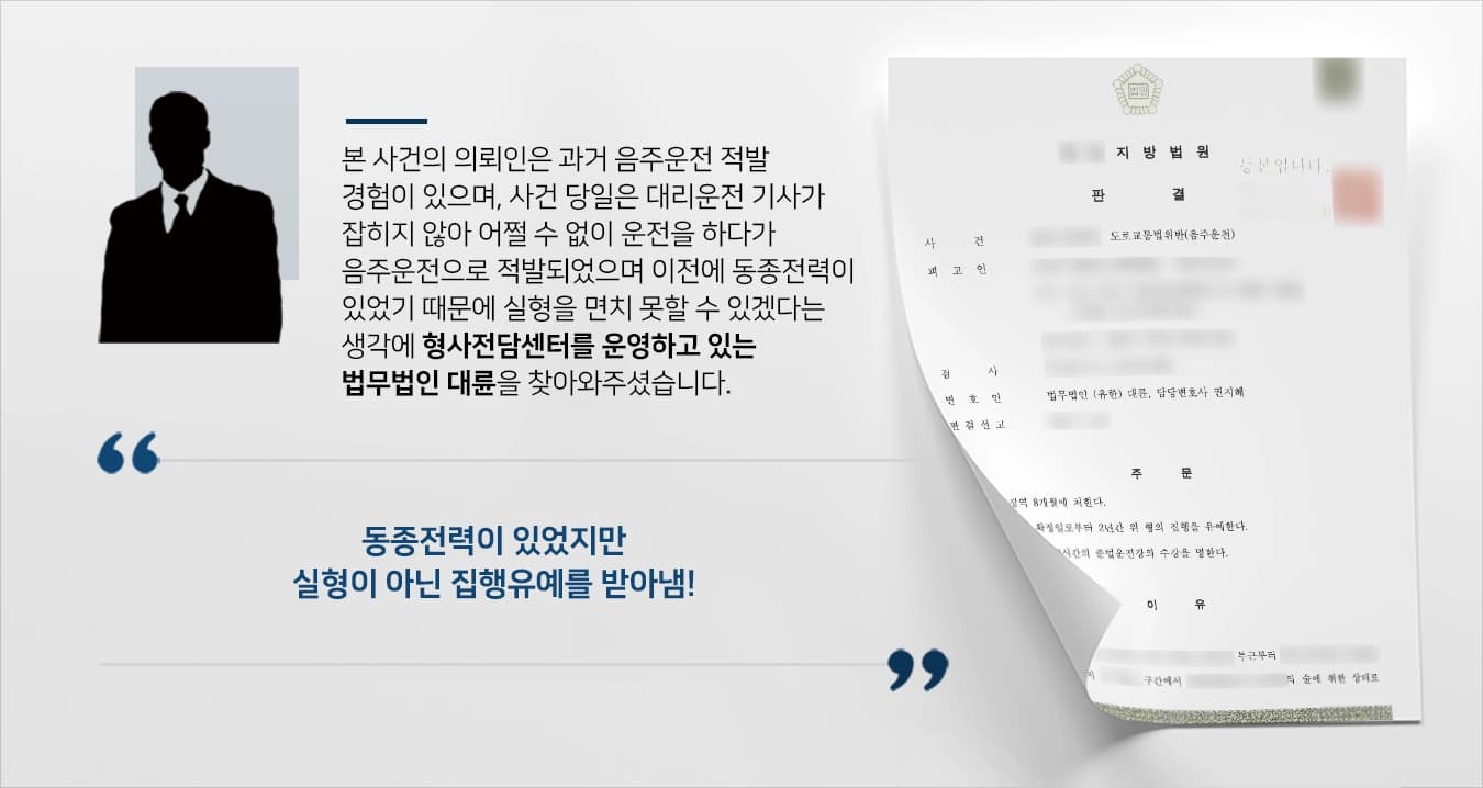 본 사건의 의뢰인은 과거 음주적발 경험으로 인해 술을 마실 때마다 항상 대리운전을 이용했습니다. 사건 당일도 어김없이 대리운전을 부르려했지만, 시간대가 많이 붐빌 때라 대리운전이 잡히지 않아 내일의 일정이 있던 의뢰인께서는 어쩔 수 없이 운전대를 잡았습니다. 하지만, 음주운전을 의심한 상대 운전자의 신고로 음주운전에 적발되었습니다. 의뢰인께서는 사고 우려가 있는 음주운전을 했다는 것을 깊이 반성하고 있었지만, 과거 음주운전으로 인해 실형을 받을 수 있는 상황에 놓여 음주운전전문·형사전문변호사가 상주해 있는 법무법인 대륜?을 찾아주셨습니다.