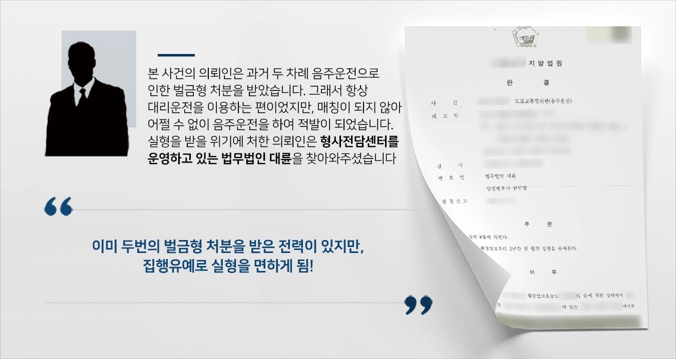 본 사건의 의뢰인은 과거 음주운전 적발로 인해 벌금형 처분을 2회나 받은 전력이 있기 때문에 술을 마신 날이면 항상 대리운전을 이용했습니다.사건 당일, 의뢰인은 뜻하지 않게 약속이 생겨 술자리를 가지게 되었습니다. 약속 장소가 집과 가까운 거리기도 했지만 이미 운전을 하고 나왔기에 그대로 참석하게 되었습니다. 술자리가 끝나고 대리기사님을 불러 집으로 가려고 했으나 늦은 시간이기도 했고 사람들이 몰려 매칭이 안되는 상황에서 어쩔 수 없이 운전대를 잡았고 음주단속에 적발되어 사건이 발생하였습니다.의뢰인은 동종전과가 2회나 있었기 때문에 실형을 받을 위기에 놓여 관련 경험이 많은 음주운전· 형사전문변호사가 있는 법무법인 대륜을 찾아오셨습니다.