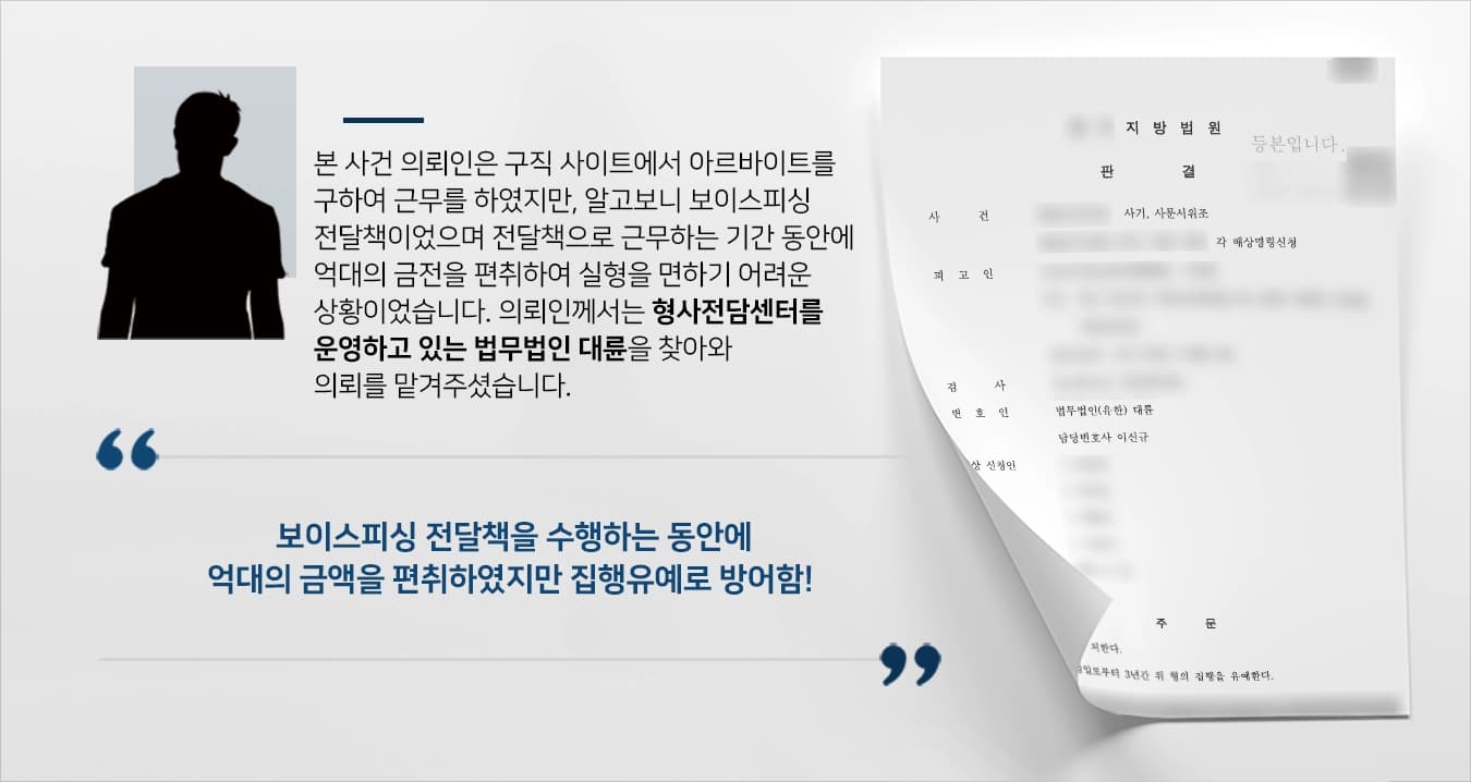 본 사건의 의뢰인은 구직 공고 사이트를 통해 서류 전달 아르바이트를 하게 되었습니다.그러나 해당 아르바이트가 보이스피싱 조직의 전달책 업무를 한 혐의로 경찰에게 체포가 되었습니다.보이스피싱 조직과 여러차례 억대에 이르는 거액을 교부하였기 때문에 실형이 내려질지도 모르는 불안한 상황에 처하게 되었습니다.의뢰인께서는 자신이 무지하여 범행을 행하였지만 피해금액이 거액이었기 때문에 보이스피싱변호사, 형사전문변호사가 있는 법무법인 대륜에 의뢰를 맡겨주셨습니다.