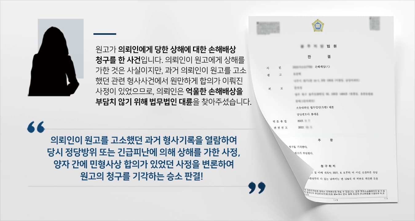 원고가 의뢰인(피고)으로부터 상해를 당하여 손해가 발생했다고 주장하면서 손해배상 청구를 한 사건입니다.관련 형사사건에서의 합의 등의 사정이 있었던 의뢰인은 손해배상전문 변호사를 다수 보유하고 있는 법무법인 대륜을 찾아주셨습니다. 
