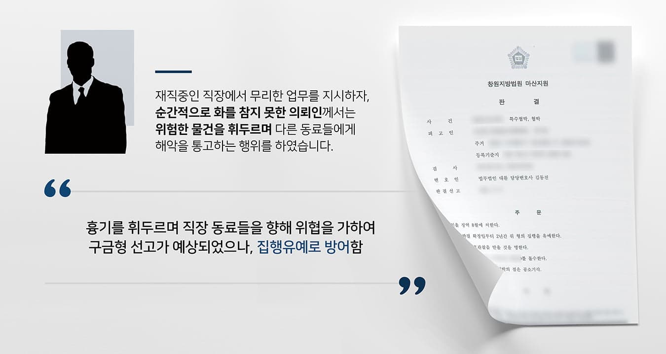 본 사건의 의뢰인은 직장에서 부당한 근로를 요구받았습니다. 지금도 무리하게 일을 하고있는데 쉬는날에도 근무를 하게되자 순간적으로 화를 참을 수 없어서 충동적으로 해서는 안될 행동을 하였다고 합니다.다른 직장동료들에게 흉기를 가지고 위협하고, 욕설을 하고, 죽이겠다는 식의 협박까지 하여 많은 동료들이 적잖은 충격을 받게되었습니다.위의 행동에 대해 문제를 삼으며 조사하겠다는 직원에게도 '고소하겠다', '감옥에 가더라도 너를 죽이겠다' 등의 위협적인 말을 하였습니다.위험한 물건을 소지한 상태에 해악을 통고하였으며, 여러 동료들에게 반복적으로 협박을 하자 결국에는 신고를 당하게 되어 무거운 처분이 예상되는 상황에서 다급히 법무법인 대륜을 찾아주셨습니다.