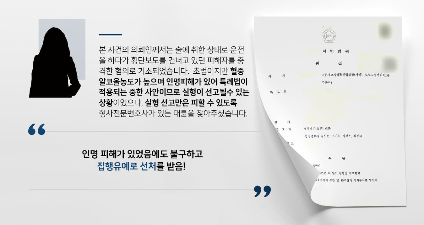 본 사건의 의뢰인은 회식을 마치고 집으로 돌아오는 길에 대리운전 서비스를 호출하였으나, 당시 대리운전 수요가 집중되는 시간대로 의뢰인의 호출에 응한 대리운전기사가 없었다고 합니다.이러면 안된다는 생각을 하면서도 외박을 할 수는 없었기에 의뢰인은 결국 주취상태에서 스스로 운전대를 잡게 되었고, 횡단보도를 건너고 있던 피해자를 충격하여 음주운전 교통사고 가해자가 됩니다.의뢰인은 주취 상태에서 횡단보도 위에서 생긴 사고라 선처를 받기 어려울 것이라 직감하였으나, 자신이 실형을 선고받게 되면 어린 자녀들을 돌봐줄 사람이 없으며 가계의 생계유지가 곤란해질 것을 걱정하며 음주운전 사건을 많이 다뤄본 법무법인 대륜으로 문의하셨습니다.