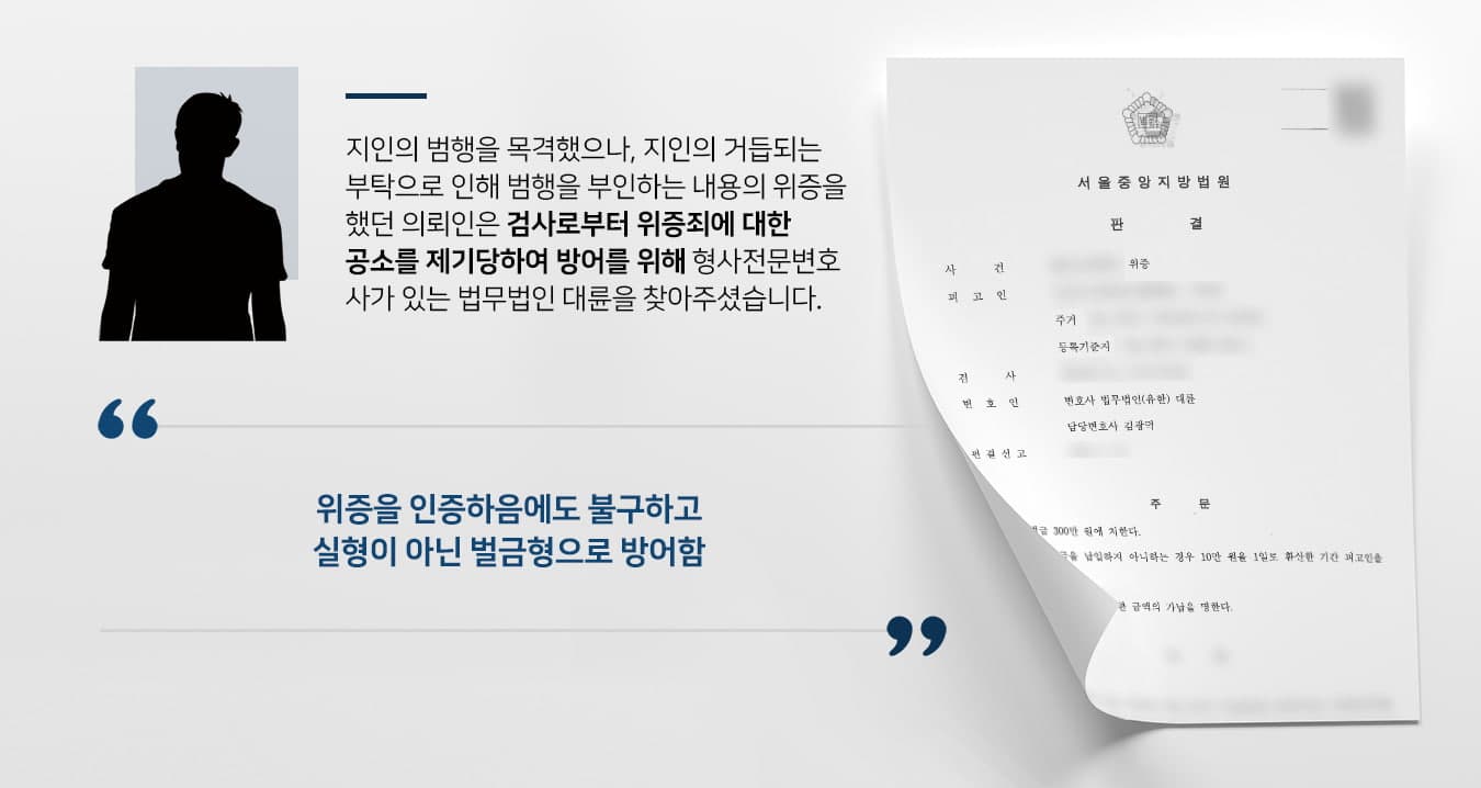 본 사건의 의뢰인은 지인의 범법행위를 가까이에서 목격하였지만, 친한 지인의 부탁에 의해 아무것도 보지 못했다는 식의 위증을 하였습니다.친한 지인이라 거절하기 어려웠고, 길 위해서 발생한 문제라 별다른 증거 없이 넘어갈 수 있을 것이라 생각하였지만 그렇지 않았습니다.의뢰인은 얼마 후 위증죄로 공소장을 송달받게 되었고, 법률에 의해 선서한 증인이 허위 진술을 한 경우 징역형 선고가 내려질 수 있다는 것을 알게 되어 방어하기 위해 형사전문변호사가 있는 법무법인 대륜을 찾아주셨습니다.