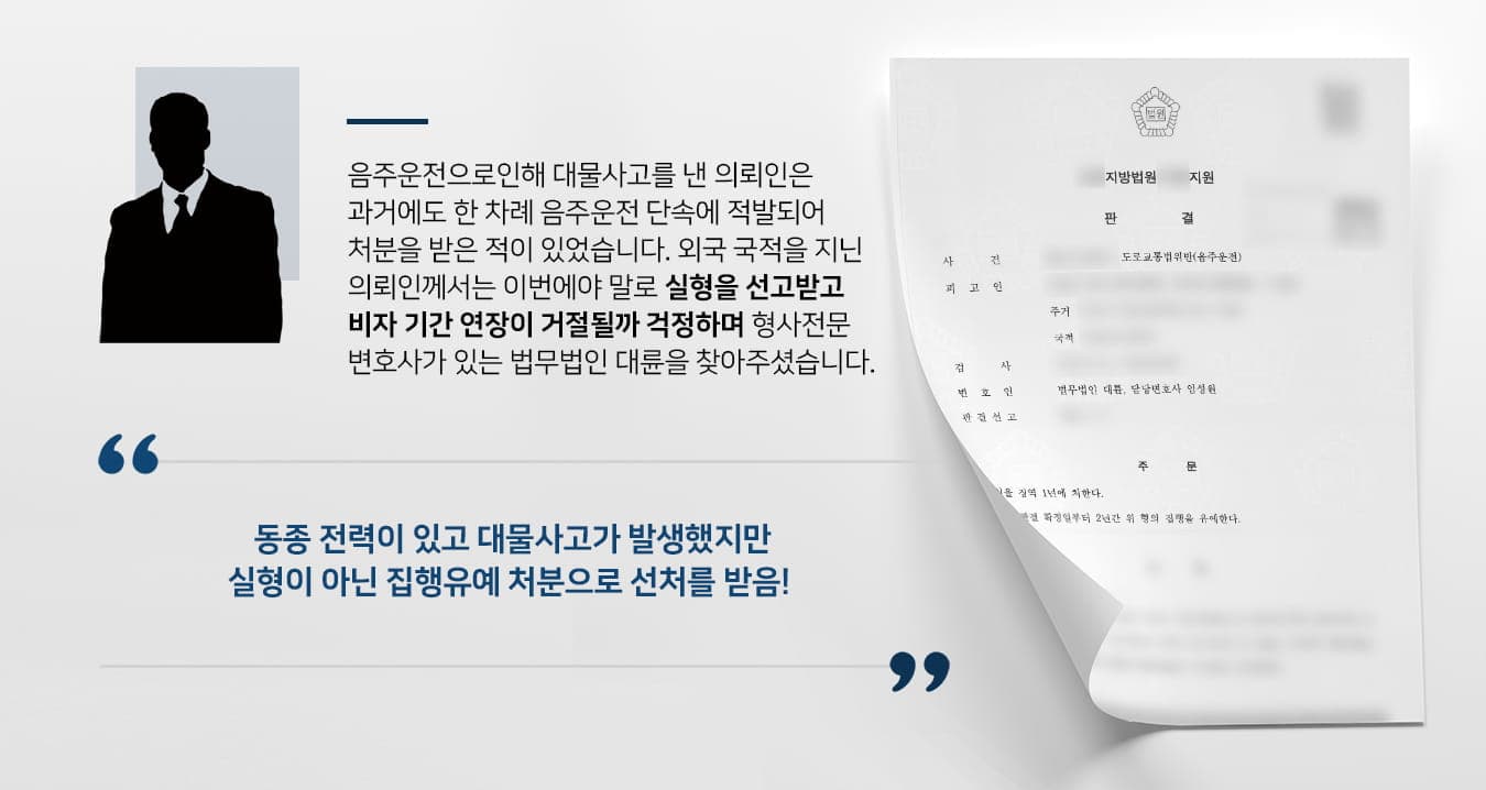 본 사건의 의뢰인은 주취운전으로 인해 대물사고를 내어 조사를 받게 되었습니다.의뢰인은 낮에 술을 마신 후 대리운전서비스를 이용하여 귀가했고 낮잠을 자며 쉬다가 술이 깼다고 생각했습니다. 그래서 저녁에 외출을 할 때에는 스스로 운전대를 잡았으나 교통사고가 발생하였고, 음주 여부를 검사하는 과정에서 미량이 검출되었습니다.과거에도 음주운전 단속에 적발된 경험이 있었고 교통사고까지 내었기에 실형 선고에 대한 부담을 느낀 의뢰인께서는 검사출신변호사 및 형사전문변호사가 있는 법무법인 대륜을 찾아주셨습니다.의뢰인께서는 '실형 선고로 인해 구금생활을 하는 것도 걱정되지만, 이로 인해 비자 연장이 거절되면 우리 가족의 생계도 위협당한다'며 제발 선처를 받을 수 있도록 해달라며 누차 당부하셨습니다.