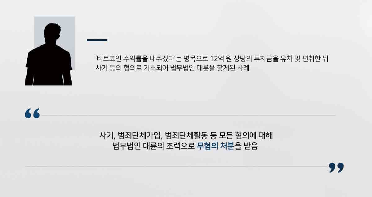 ## 범죄단체활동, 사기 혐의로 기소 의뢰인은 범죄단체에 가입하여 홍보책 역할을 맡아 '비트코인 수익'을 미끼로 재테크 사기를 벌여 약 12억 원을 피해자들에게 편취하였다는 이유로 구속되었습니다. 이에 의뢰인은 범죄단체활동 등 혐의를 방어하기 위해 법무법인 대륜의 형사전문변호사를 찾아주셨습니다.  ## 인과관계 파악하여 범죄단체활동 등 대응 의뢰인과의 면밀한 상담을 거친 법무법인 대륜은 3인 이상의 범죄단체활동 등 사건경험이 풍부한 전문가들로 형사전문변호사팀을 구성하였습니다. 형사전문변호사팀은 다음과 같은 근거를 들어 의뢰인의 입장에서 최대한 주장하였습니다.  ■ 의뢰인이 피의사실을 부인하며 전혀 모르는 사실임을 일관되게 진술하는 점 ■ 범죄단체 활동했다고 추정하는 기간 중에 병원에 입원하였다는 점 ■ 범죄활동으로 인한 수익을 올렸다면 비상금 대출 등으로 생활비를 빌리지 않았을 것이라는 점  ## 검찰청, 증거불충분으로 범죄단체활동 등 무혐의 처분 법무법인 대륜의 조력으로, 검찰청에서는 의뢰인의 범죄단체가입, 범죄단체활동, 사기 혐의에 대해 무혐의 처분을 내렸습니다.   만약 위 사례와 비슷한 상황으로 혼자서는 해결이 어려운 경우라면 언제든 법무법인 대륜으로 의뢰해 주시길 바랍니다.  법무법인 대륜은 법률전문가 3인 이상으로 전담팀을 구성해 전문성을 극대화하며, 해결사례를 토대로 구축한 대륜만의 소송시스템으로 의뢰하신 사건을 성공으로 이끌어 오고 있습니다.  본 소송과 관련하여 법률조력이 필요하시다면 법무법인 대륜과 함께 준비하시길 바랍니다.