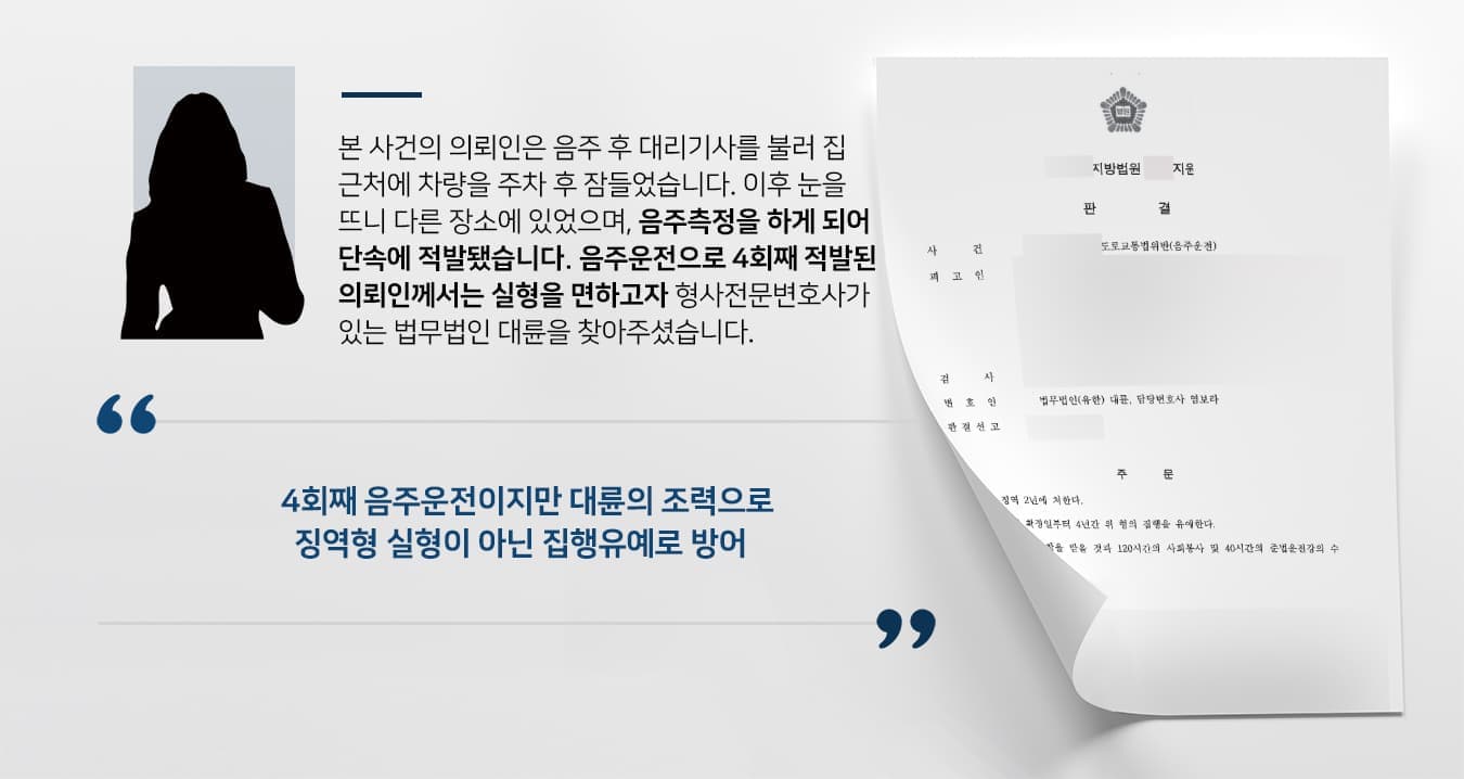 본 사건의 의뢰인은 음주 후 대리기사를 불러 집 근처에 차량을 주차해두고,  운전석에서 잠이 들었다가 음주측정을 하게 되어 단속에 걸리게 되었습니다. 4회째 음주운전이었던 의뢰인께서는 실형을 면하고자 형사전문변호사가 있는 법무법인 대륜을 찾아주셨습니다.