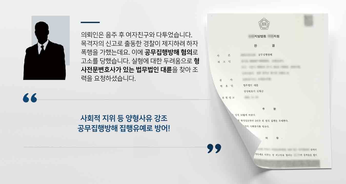 의뢰인은 음주 후 여자친구와 다투었습니다. 목격자의 신고로 출동한 경찰이 제지하려 하자 폭행을 가했는데요. 이에 공무집행방해 혐의로 고소를 당했습니다. 실형에 대한 두려움으로 형사전문변호사가 있는 법무법인 대륜을 찾아 조력을 요청하셨습니다.