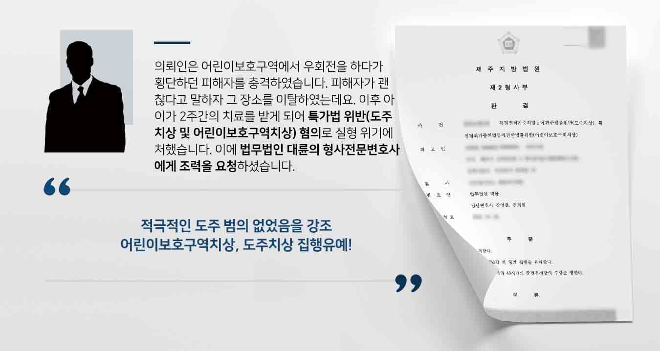 의뢰인은 어린이보호구역에서 우회전을 하다가 횡단하던 피해자를 충격하였습니다. 피해자가 괜찮다고 말하자 그 장소를 이탈하였는데요. 이후 아이가 2주간의 치료를 받게 되어 특가법 위반(도주치상 및 어린이보호구역치상) 혐의로 실형 위기에 처했습니다. 이에 법무법인 대륜의 형사전문변호사에게 조력을 요청하셨습니다. 