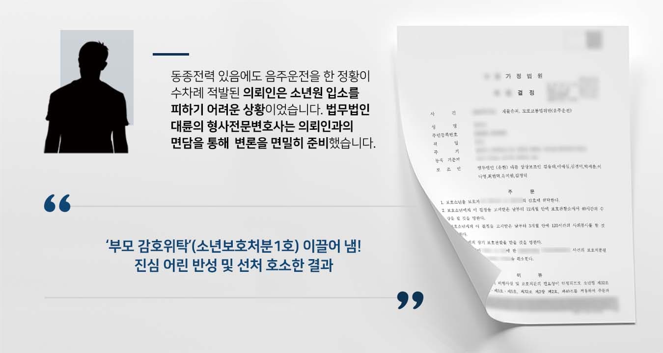 ## 음주운전 중 재물손괴죄 기소된 의뢰인 의뢰인은 수차례 음주운전을 한 것이 연달아 적발되어 재판을 앞두고 법무법인 대륜의 형사전문변호사를 찾아주었습니다.   의뢰인은 기존 동종·유사 범죄 전력이 3회 이상, 기타 범죄 전력이 2회 이상 있는 상태였습니다.   그런 상황에서  또다시 음주운전을 하다 적발되었고, 음주운전 뿐 아니라 재물손괴죄 등 타 범죄들도 적발되거나 수사 중으로 소년원 입소를 피하기 몹시 어려운 상황이었습니다.  ## 재물손괴죄 외 범죄 적발로 불리한 상황 법무법인 대륜은 의뢰인과의 면밀한 법률상담을 통해 3인 이상의 형사전문변호사팀을 구성했습니다.   형사전문변호사팀은 재물손괴죄, 음주운전 등에 대해 의뢰인이 바라는 판결이 나올 수 있도록 다음과 같이 주장하며 조력하였습니다.   ■ 비록 수차례 범행을 저질렀지만 이번만큼은 재범가능성이 낮다는 점 ■ 의뢰인이 범행에 이르게 된 사정 등 특별히 참작할 사유가 있다는 점 ■ 의뢰인이 이미 깊이 반성하며 잘못을 뉘우치고 있다는 점   ## 재물손괴죄 등 부모 감호위탁(소년보호처분 1호) 처분 법무법인 대륜의 조력으로, 재판부는 "심리 결과 비행사실 및 보호처분의 필요성이 인정되므로, 보호소년을 보호자 부모의 감호에 위탁한다"(소년보호처분 1호)라고 판결하였습니다.   만약 재물손괴죄, 음주운전 등 위 사례와 비슷한 상황으로 곤란을 겪고 계시다면 언제든 법무법인 대륜으로 의뢰해 주시길 바랍니다.  △소년보호처분 1호 보호자 또는 보호자를 대신하여 소년을 보호 할 수 있는 사람에게 감호위탁(6개월, 10세 이상)  법무법인 대륜은 법률전문가 3인 이상으로 전담팀을 구성해 전문성을 극대화하며, 해결사례를 토대로 구축한 대륜만의 소송시스템으로 의뢰하신 사건을 성공으로 이끌어 오고 있습니다.  본 소송과 관련하여 법률조력이 필요하시다면 법무법인 대륜과 함께 준비하시길 바랍니다.