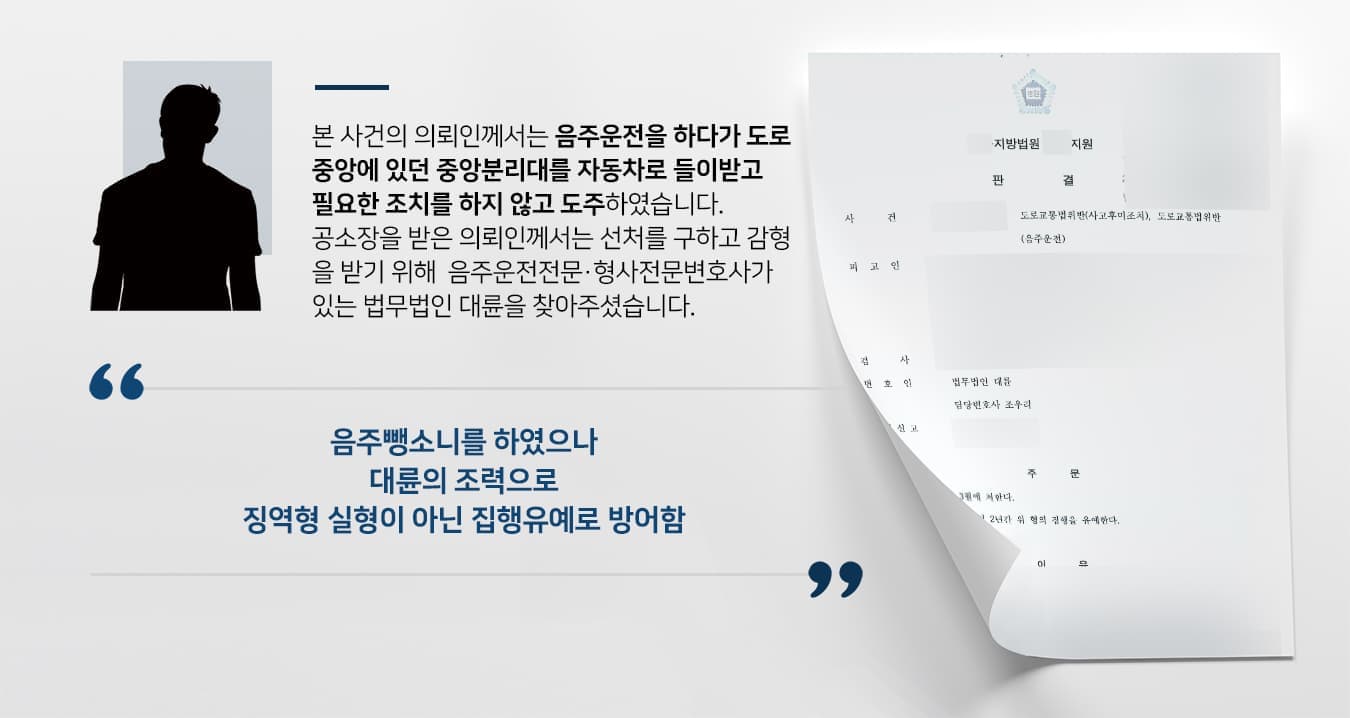 본 사건의 의뢰인께서는 음주운전을 하다가 도로 중앙에 있던 중앙분리대를 자동차로 들이받고 필요한 조치를 하지 않고 도주하였습니다. 공소장을 받은 의뢰인께서는 선처를 구하고 감형을 받기 위해  음주운전전문변호사·형사전문변호사가 있는 법무법인 대륜을 찾아주셨습니다.