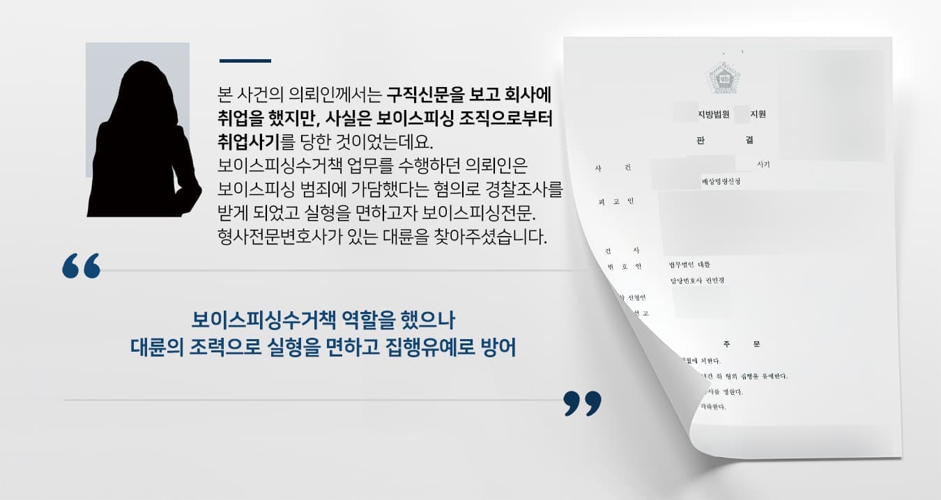 본 사건의 의뢰인께서는 구직신문을 보고 회사에 취업을 했지만, 사실은 보이스피싱 조직으로부터 취업사기를 당한 것이었는데요.  보이스피싱수거책 업무를 수행하던 의뢰인은 보이스피싱 범죄에 가담했다는 혐의로 경찰 조사를 받게 되었고 실형을 면하고자 보이스피싱전문변호사·형사전문변호사가 있는 법무법인 대륜을 찾아주셨습니다.