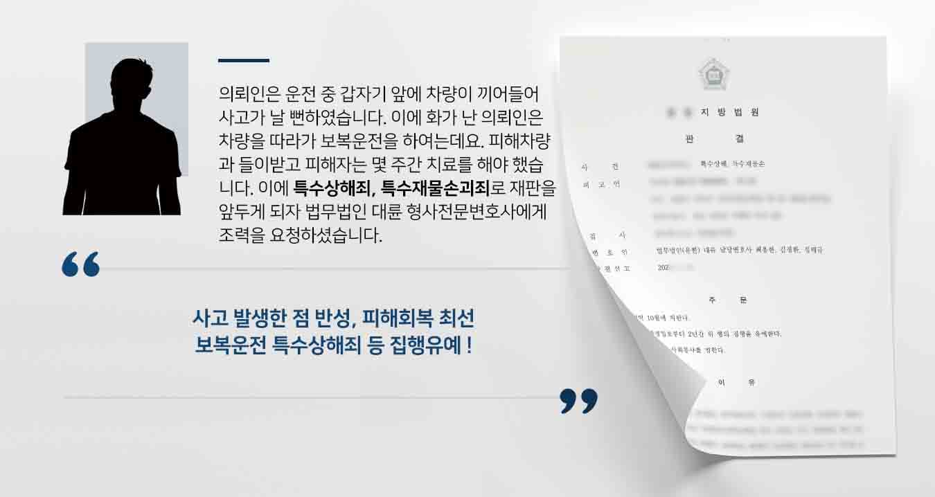 의뢰인은 운전 중 갑자기 앞에 차량이 끼어들어 사고가 날 뻔하였습니다. 이에 화가 난 의뢰인은 차량을 따라가 보복운전을 하여는데요. 피해차량과 들이받고 피해자는 몇 주간 치료를 해야 했습니다. 이에 특수상해죄, 특수재물손괴죄로 재판을 앞두게 되자 법무법인 대륜 형사전문변호사에게 조력을 요청하셨습니다.
