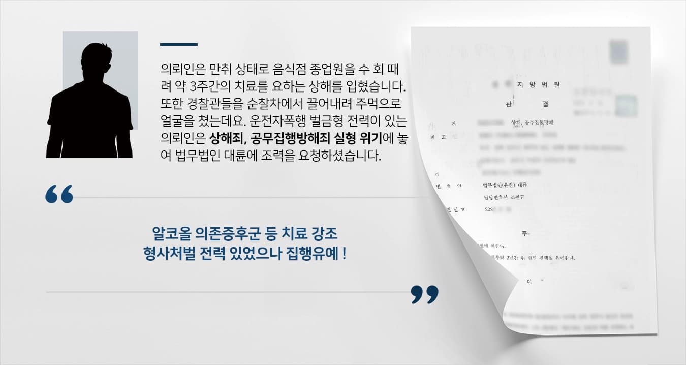 의뢰인은 만취 상태로 음식점 종업원을 수 회 때려 약 3주간의 치료를 요하는 상해를 입혔습니다. 또한 경찰관들을 순찰차에서 끌어내려 주먹으로 얼굴을 쳤는데요. 운전자폭행 벌금형 전력이 있는 의뢰인은 상해죄, 공무집행방해죄 실형 위기에 놓여 법무법인 대륜에 조력을 요청하셨습니다.