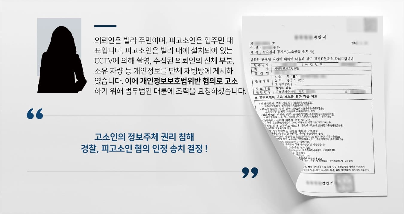 의뢰인은 빌라 주민이며, 피고소인은 입주민 대표입니다. 피고소인은 빌라 내에 설치되어 있는 CCTV에 의해 촬영, 수집된 의뢰인의 신체 부분, 소유 차량 등 개인정보를 단체 채팅방에 게시하였습니다. 이에 개인정보보호법위반 혐의로 고소하기 위해 법무법인 대륜에 조력을 요청하셨습니다. 