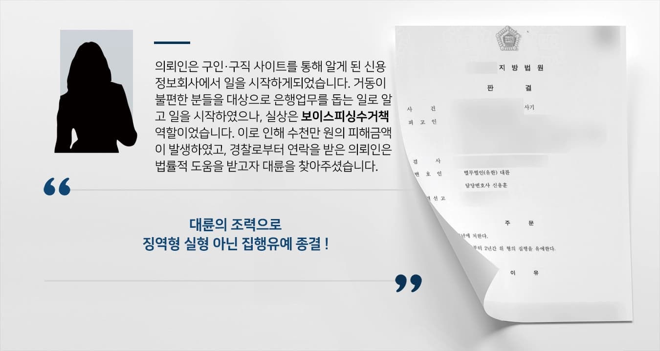 [보이스피싱수거책 집행유예] 금융기관 사칭 등 범죄 가담하였으나 보이스피싱소송 집행유예