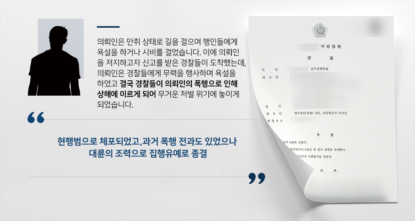 [공무집행방해죄] 공무집행방해실형 위기었으나 형사전문변호사의 조력으로 집행유예로 방어함