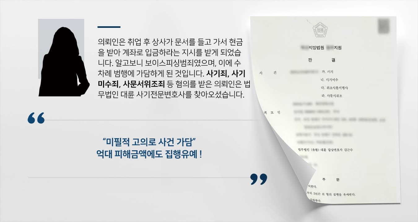 의뢰인은 취업 후 상사가 문서를 들고 가서 현금을 받아 계좌로 입금하라는 지시를 받게 되었습니다. 알고보니 보이스피싱범죄였으며, 이에 수 차례 범행에 가담하게 된 것입니다. 사기죄, 사기미수죄, 사문서위조죄 등 혐의를 받은 의뢰인은 법무법인 대륜 사기전문변호사에게 조력을 요청하셨습니다.