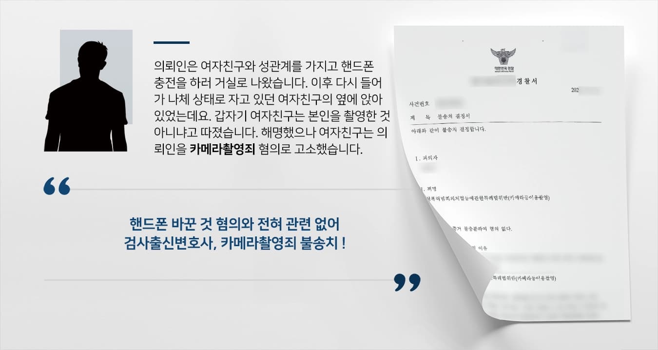 의뢰인은 여자친구와 성관계를 가지고 핸드폰 충전을 하러 거실로 나왔습니다. 이후 다시 들어가 옷을 입지 않은 상태로 자고 있던 여자친구의 옆에 앉아 있었는데요. 갑자기 여자친구는 본인을 촬영한 것 아니냐고 따졌습니다. 해명하였으나 여자친구는 의뢰인을 카메라촬영죄 혐의로 고소하였습니다.