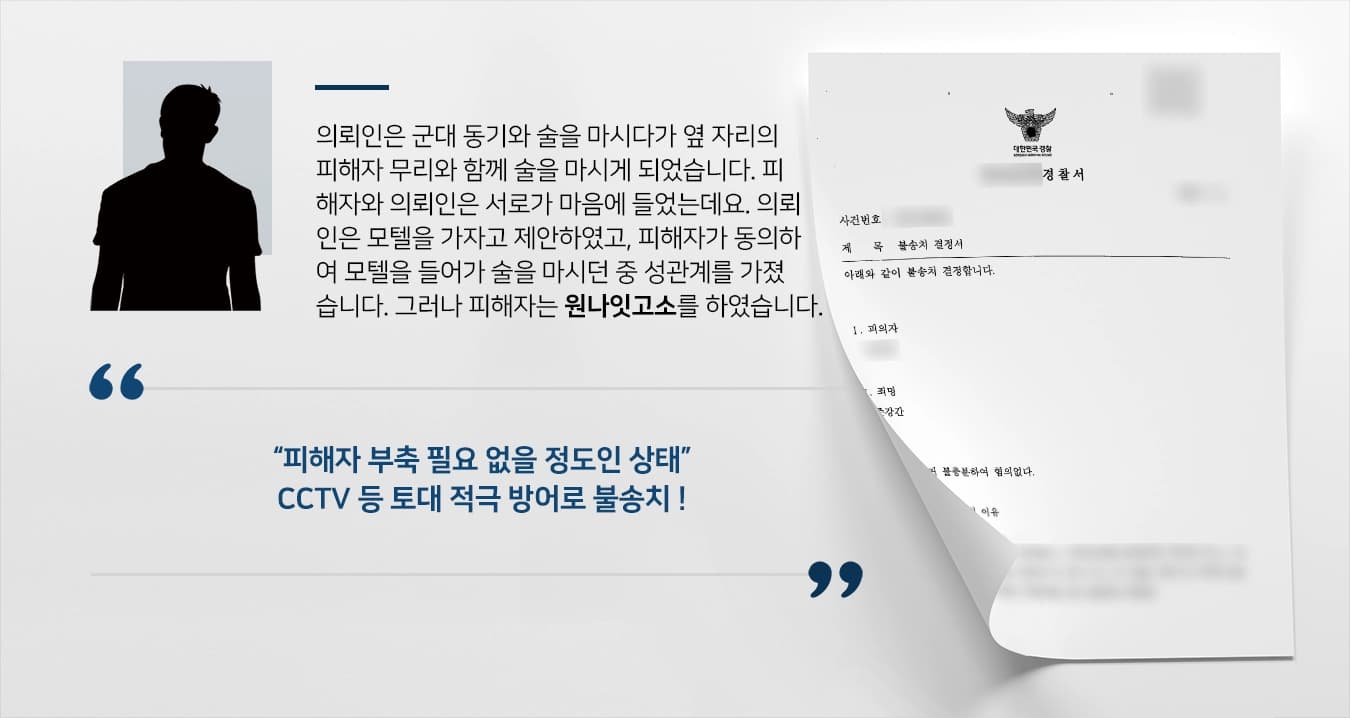 의뢰인은 군대 동기와 술을 마시다가 옆 자리의 피해자 무리와 함께 술을 마시게 되었습니다. 피해자와 의뢰인은 서로가 마음에 들었는데요. 의뢰인은 모텔을 가자고 제안하였고, 피해자가 동의하여 모텔을 들어가 술을 마시던 중 성관계를 가졌습니다. 그러나 갑자기 피해자는 원나잇고소를 하였습니다. 
