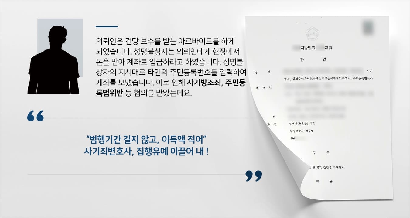 의뢰인은 아르바이트를 구하는 앱을 통해 건당 보수를 받는 아르바이트를 하게 되었습니다. 성명불상자는 의뢰인에게 현장에서 돈을 받아 계좌로 입금하라고 하였습니다. 성명불상자의 지시대로 타인의 주민등록번호를 입력하여 계좌를 보냈습니다. 이로 인해 사기방조죄, 주민등록법위반 등 혐의를 받았는데요.