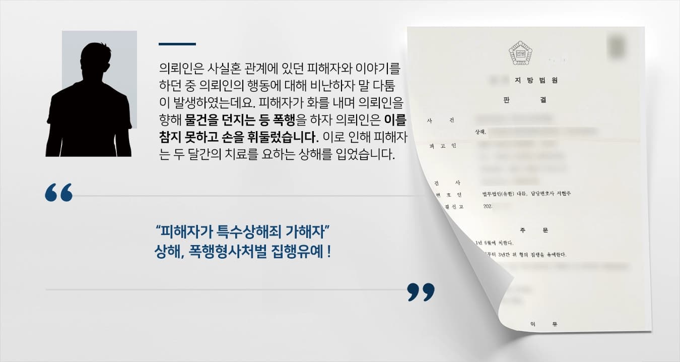 의뢰인은 사실혼 관계에 있던 피해자와 이야기를 하던 중 의뢰인의 행동에 대해 비난하자 말 다툼이 발생하였는데요. 피해자가 화를 내며 의뢰인을 향해 물건을 던지는 등 폭행을 하자 의뢰인은 이를 참지 못하고 손을 휘둘렀습니다. 이로 인해 피해자는 두 달간의 치료를 요하는 상해를 입었습니다.   “피해자가 특수상해죄 가해자” 상해, 폭행형사처벌 집행유예 ! 검사출신변호사