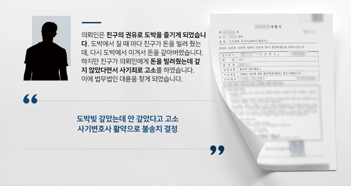 [사기고소 방어사건] 사기변호사, 의뢰인 빚 변제 주장해 경찰 불송치 확정