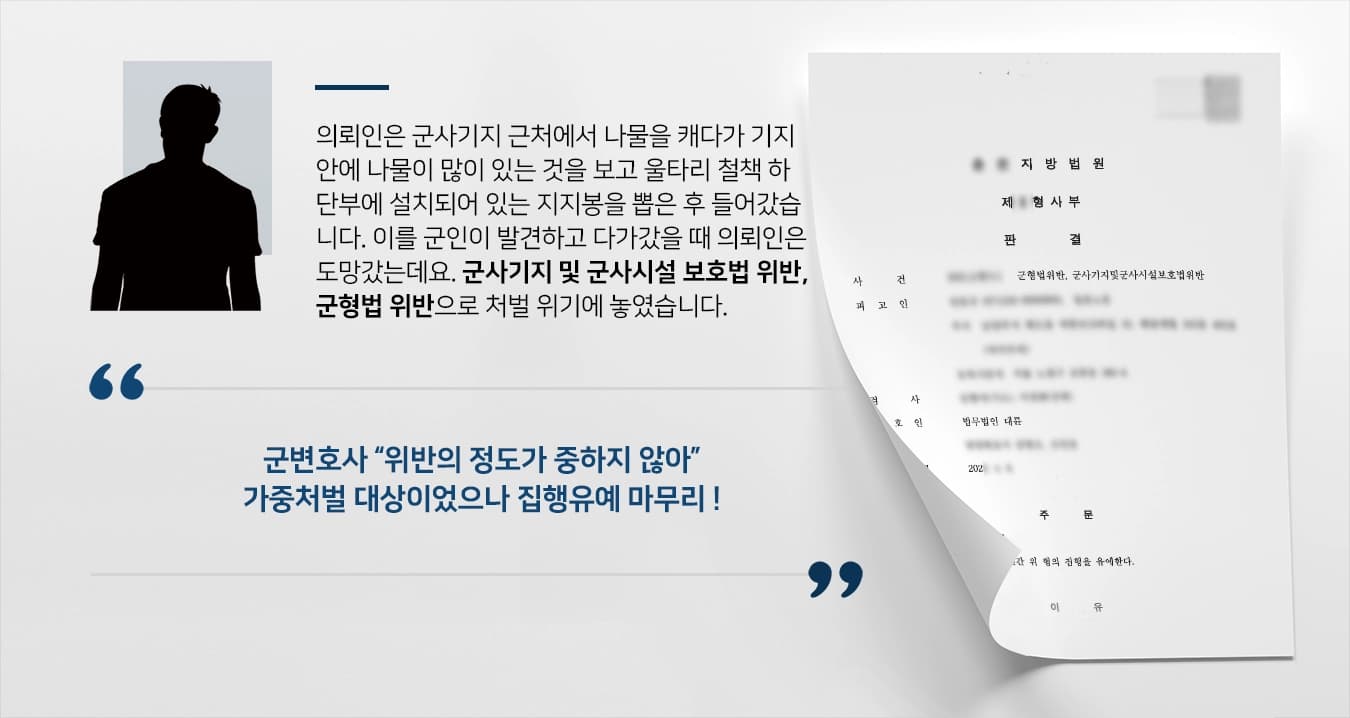 [군형법 위반 등 집행유예] 군변호사, 군사기지 울타리 손괴 후 무단침입했으나 실형을 면함
