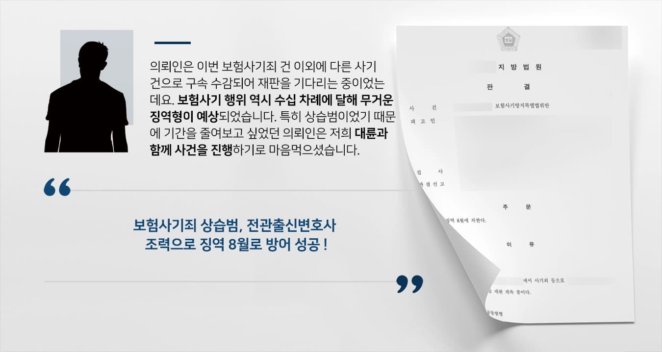 [보험사기죄 방어] 전관출신변호사, 다른 범죄로 구속 수감된 피의자 최대한 기간 줄여 징역 8월