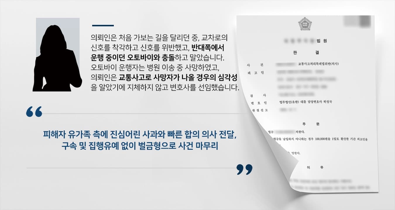 [교통사고 벌금형]교통사고형사처벌 받을 위기의 의뢰인, 형사전문변호사 도움으로 벌금형 방어해