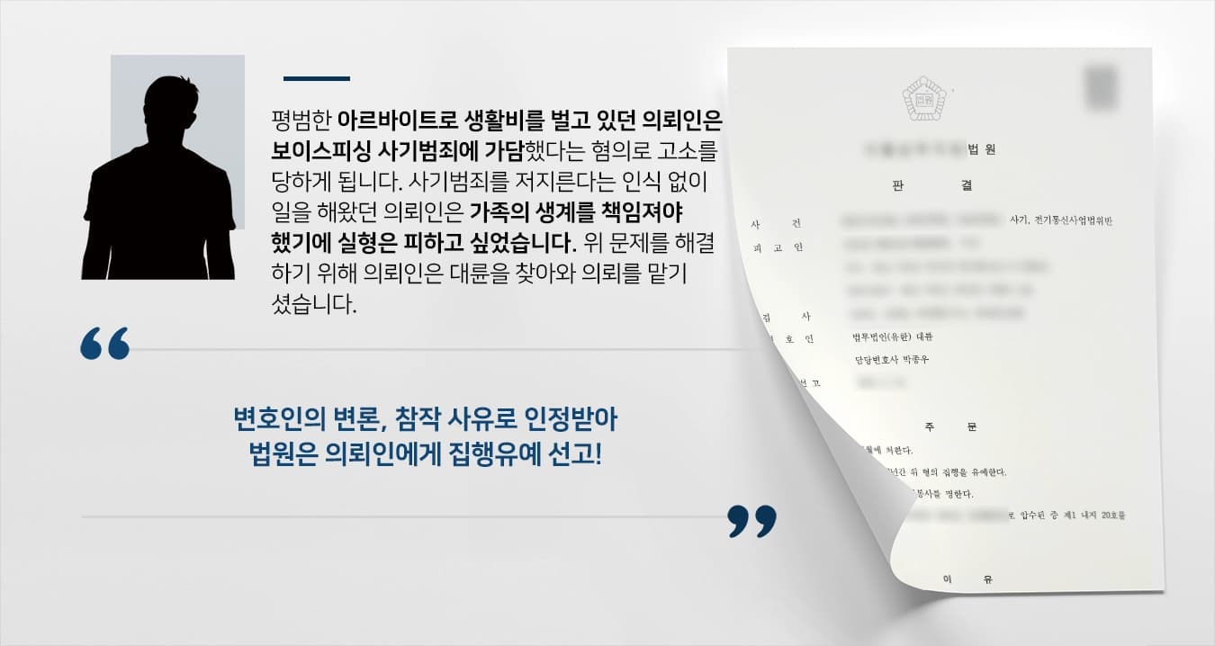 [사기범죄 방어사례] 보이스피싱법률사무소의 조력으로 실형을 피하고 집행유예 판결을 받은 의뢰인
