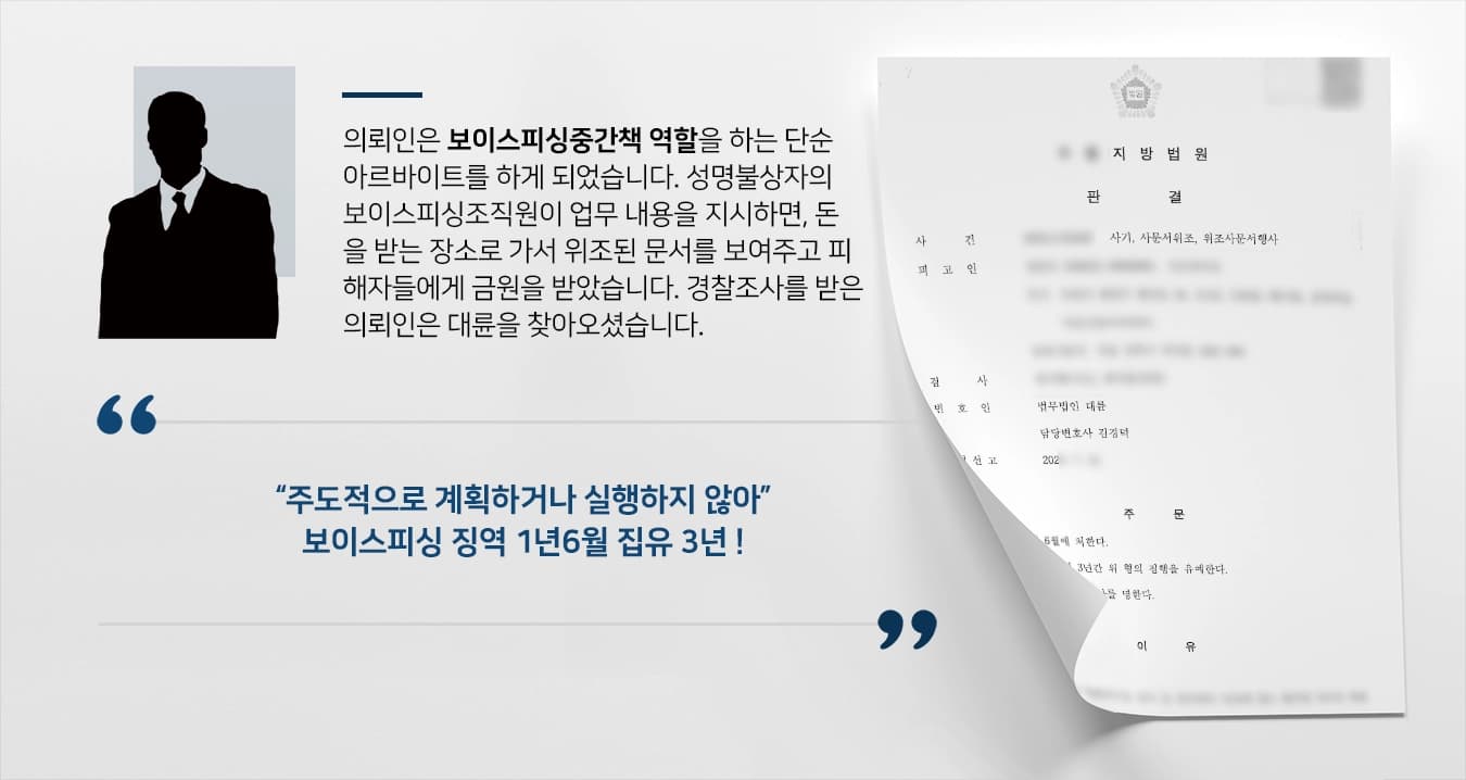 [보이스피싱중간책 실형 방어] 수천만 원의 피해금원 발생하였으나 집행유예