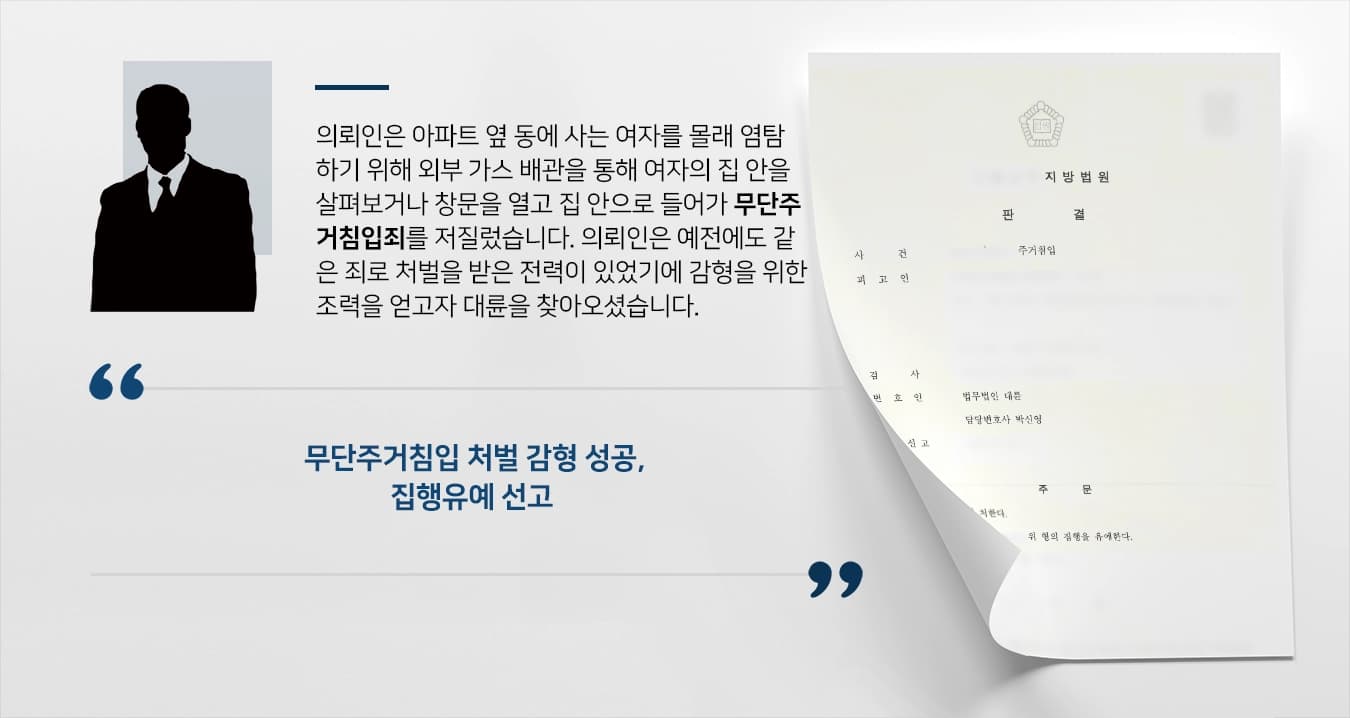 [무단주거침입 방어사례] 무단주거침입으로 고소 당한 의뢰인, 집행유예 선고