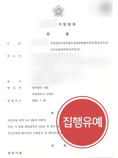 [특정범죄가중처벌등에관한법률(위험운전치사상죄) 집행유예] 가족관계 및 범해 후 정황 강조