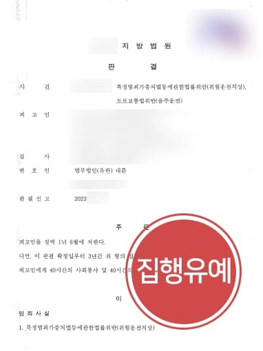 [음주운전변호사 성공사례] 음주운전교통사고 피해자 엄벌 탄원서 냈지만 실형받지 않고 종결