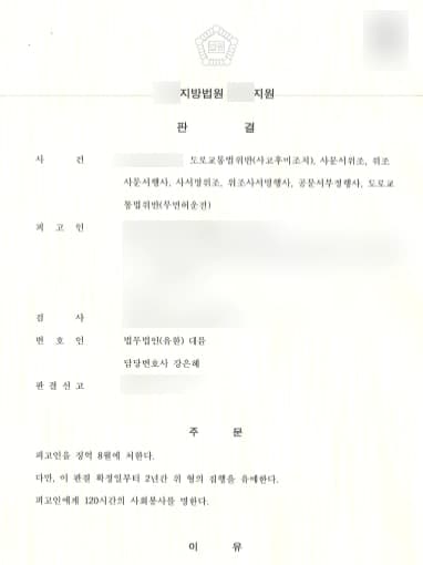 [사문서위조죄 등 처벌방어] 형사소송변호사, 남의 운전면허증으로 차량 렌트 후 교통사고 집행유예로 마무리   