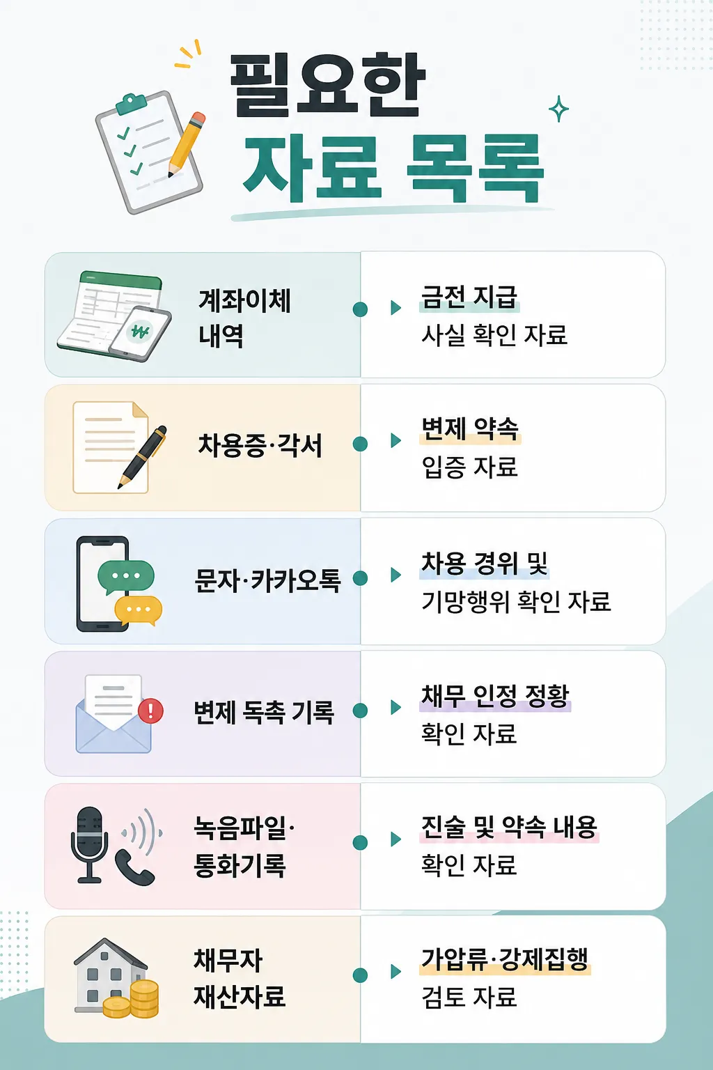 채무불이행고소를 위해 필요한 자료 목록