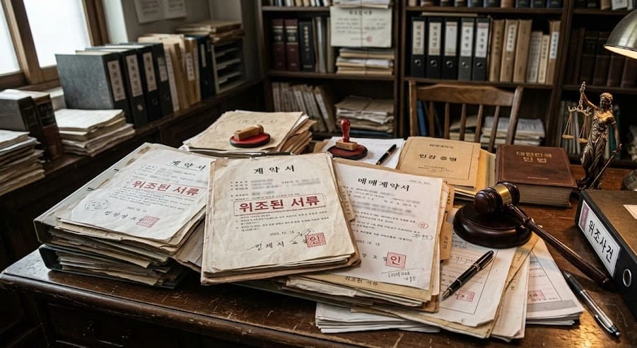 사문서위조죄 혐의에 효과적으로 대응하기 위한 절차와 전략을 정리한 이미지입니다.